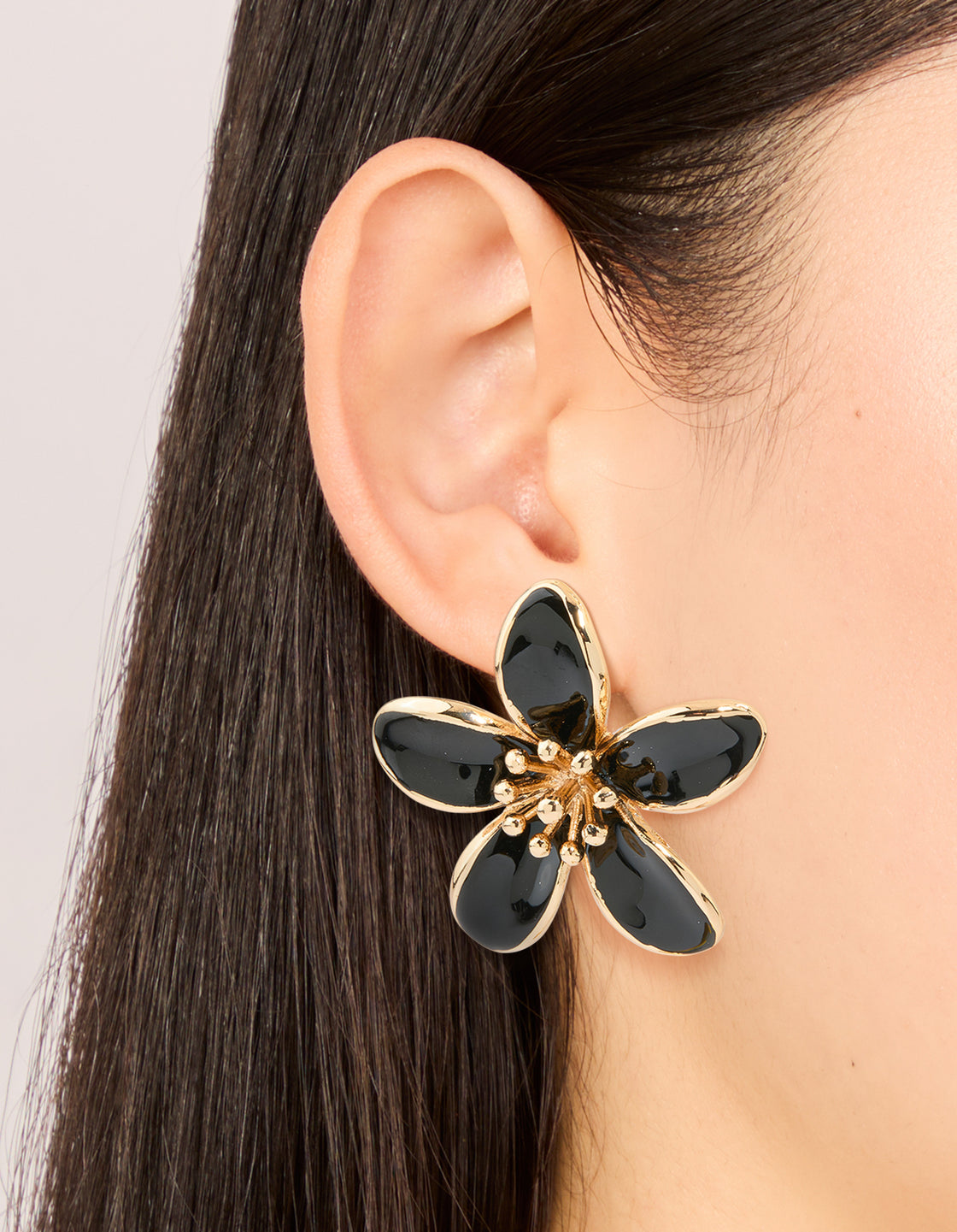 Gold Black Enamel Small Flower Stud Earrings