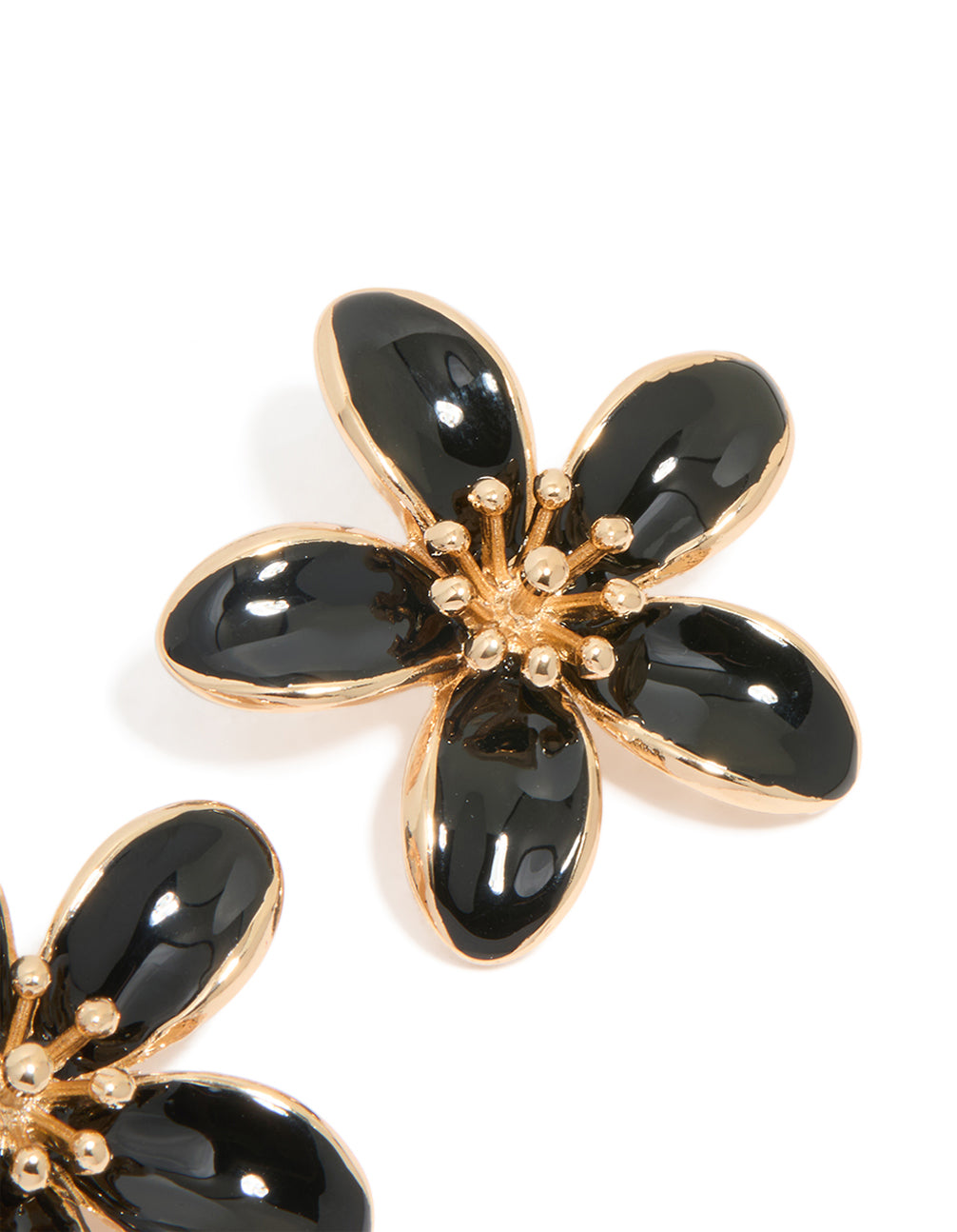 Gold Black Enamel Small Flower Stud Earrings