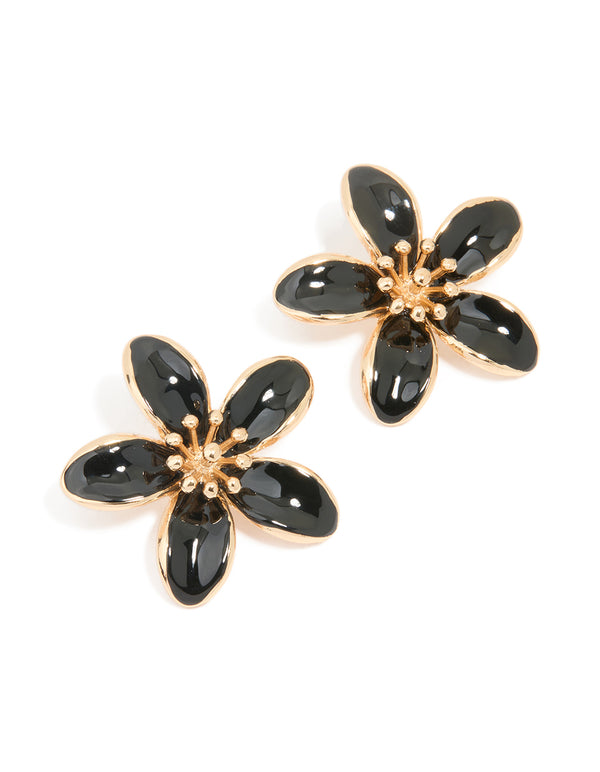 Gold Black Enamel Small Flower Stud Earrings