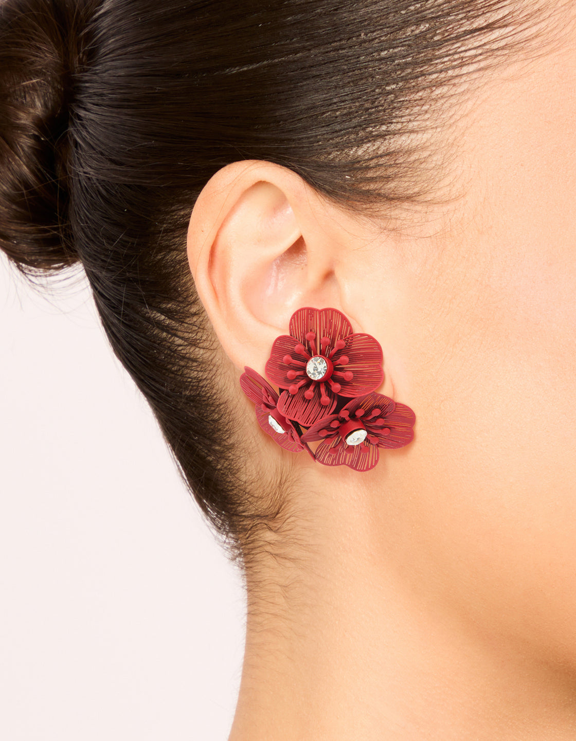Red Coated Metal Diamante Laser Cut Multi-Flower Earrings