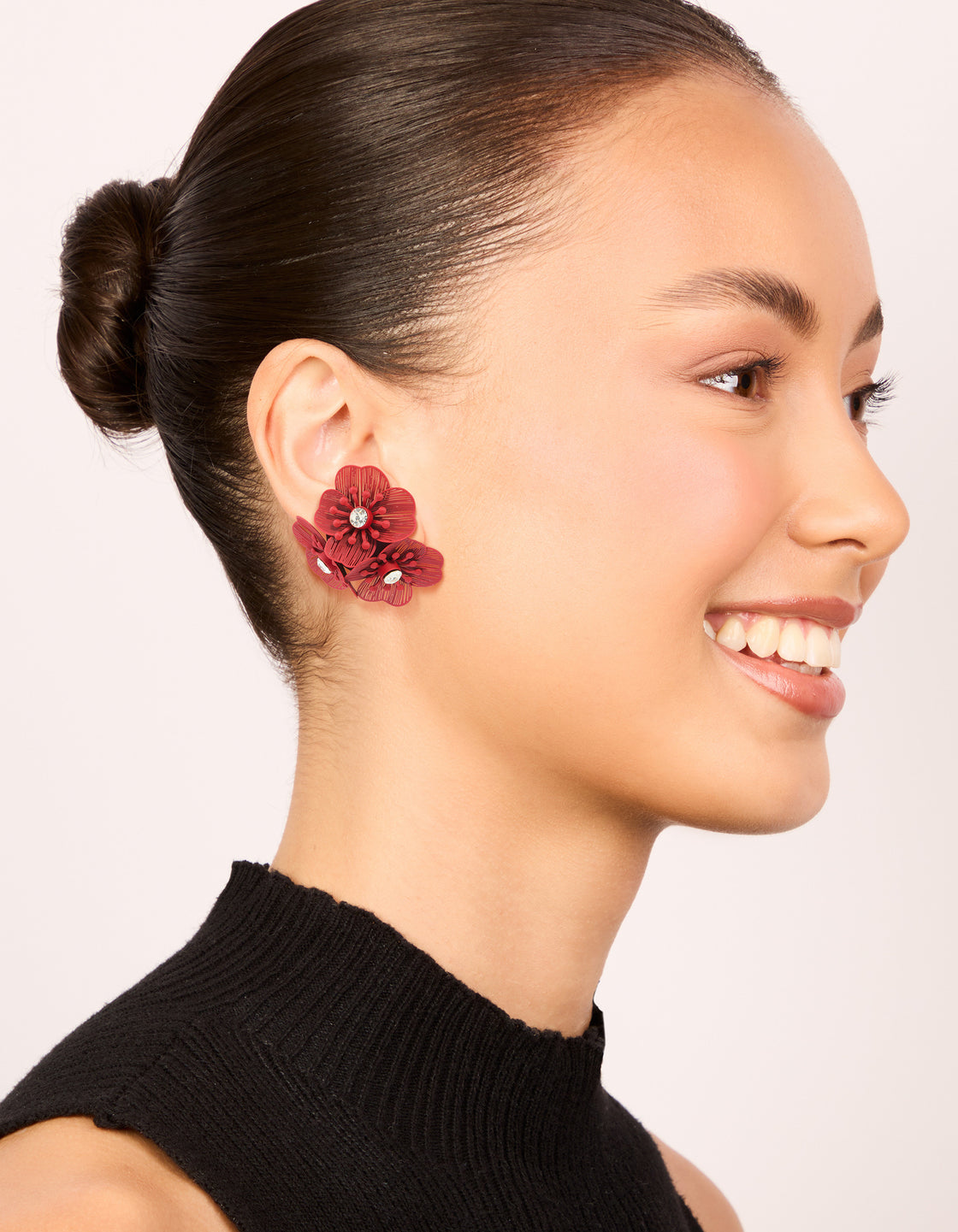 Red Coated Metal Diamante Laser Cut Multi-Flower Earrings