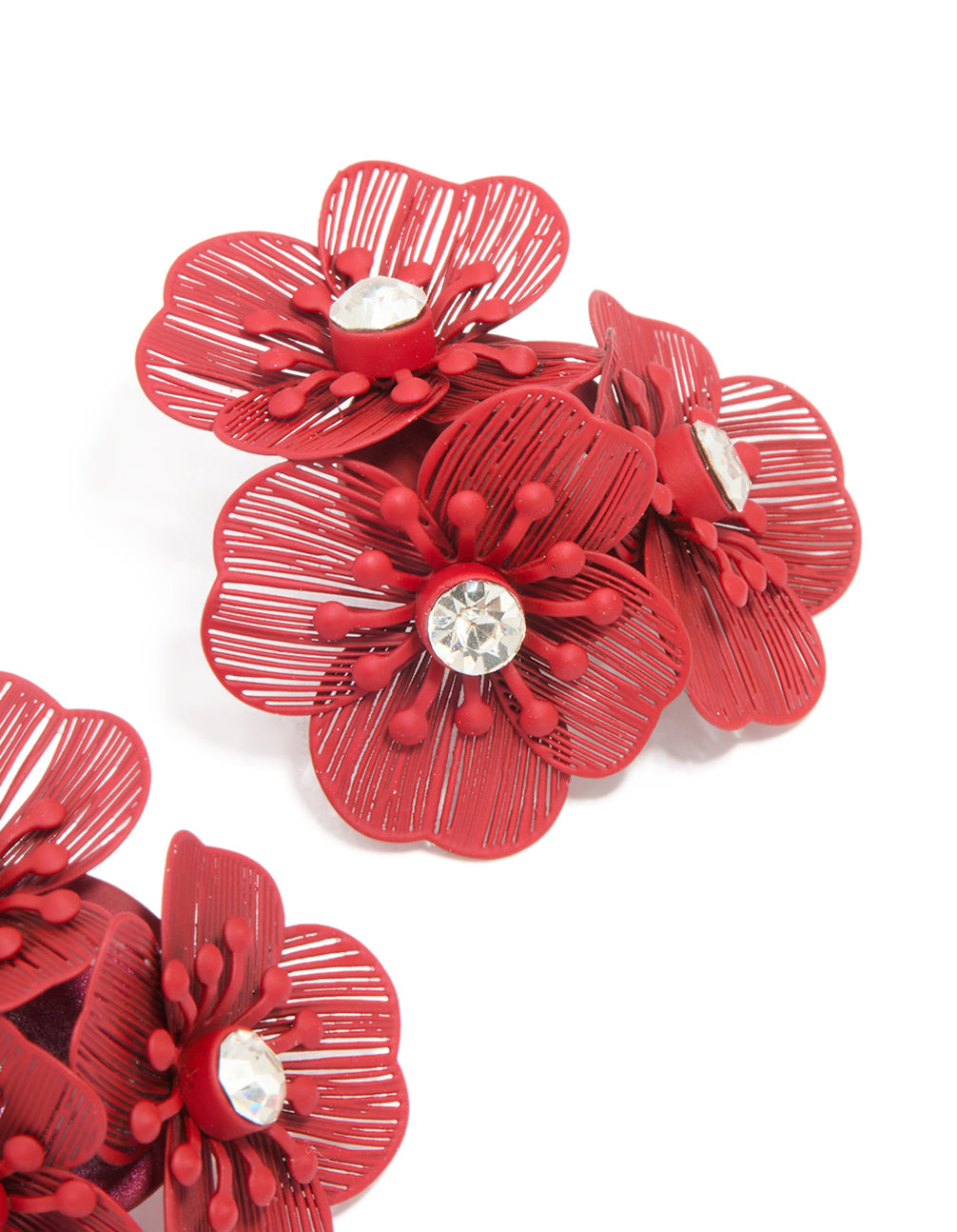 Red Coated Metal Diamante Laser Cut Multi-Flower Earrings