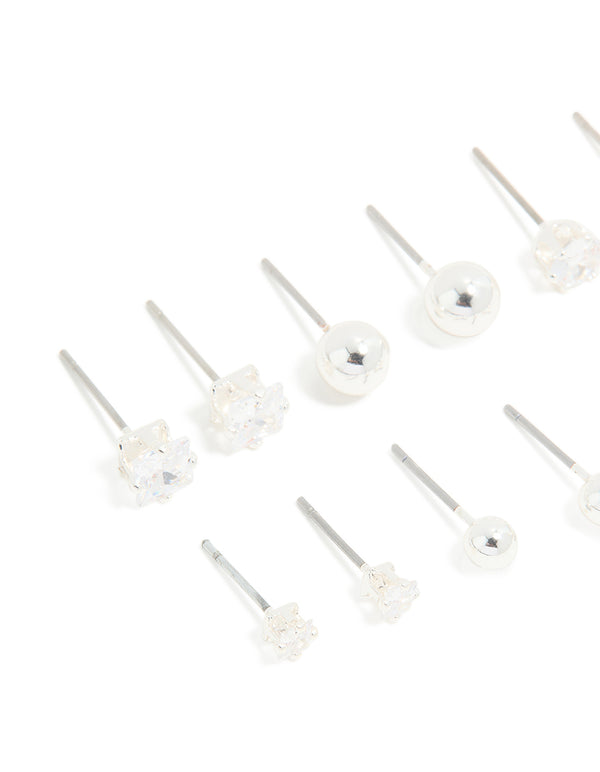 Silver Plated Cubic Zirconia & Ball Stud Earrings 6-Pack