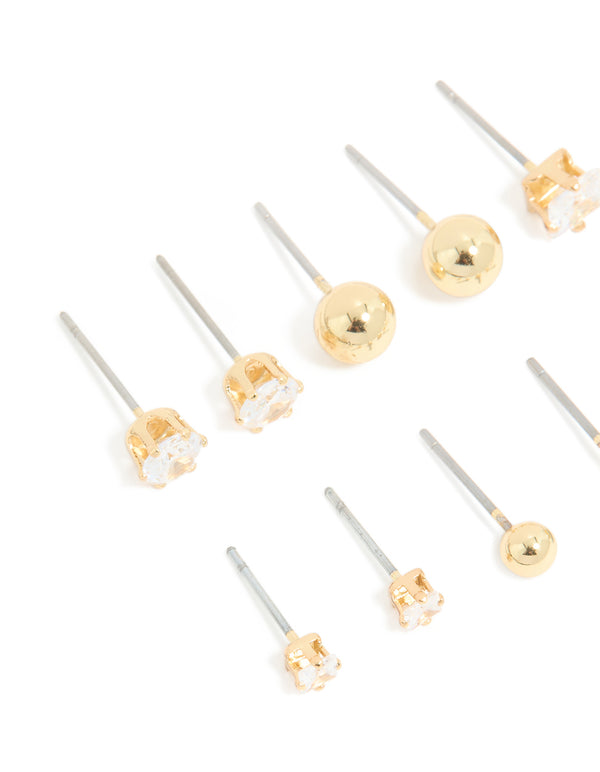Gold Plated Cubic Zirconia & Ball Stud Earrings 6-Pack