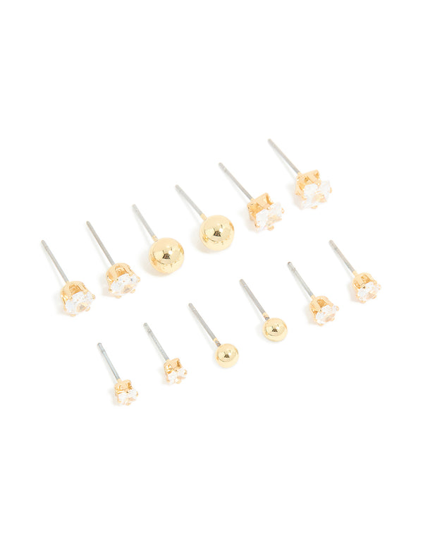 Gold Plated Cubic Zirconia & Ball Stud Earrings 6-Pack