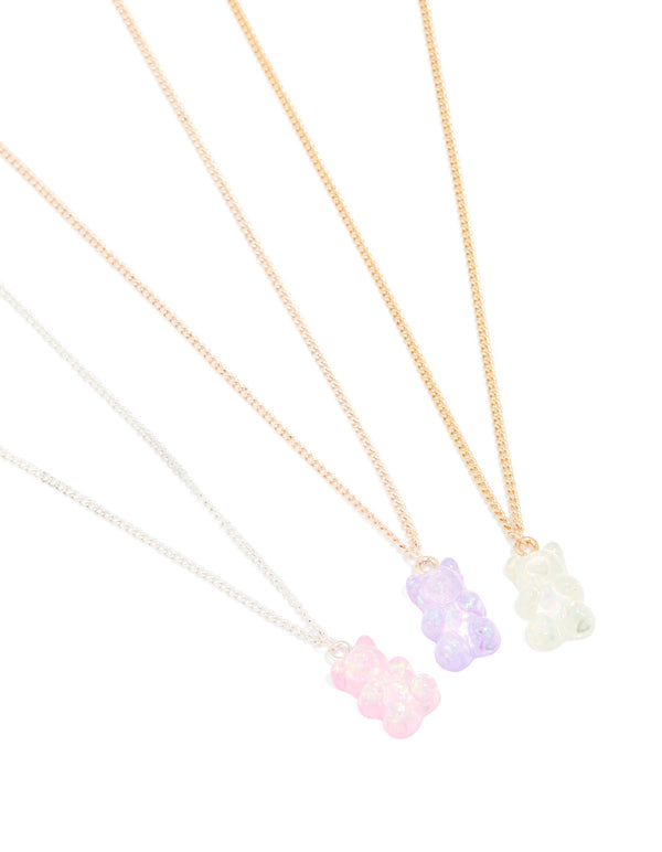 Mixed Metal Holographic Teddy Bear Necklaces 3-Pack