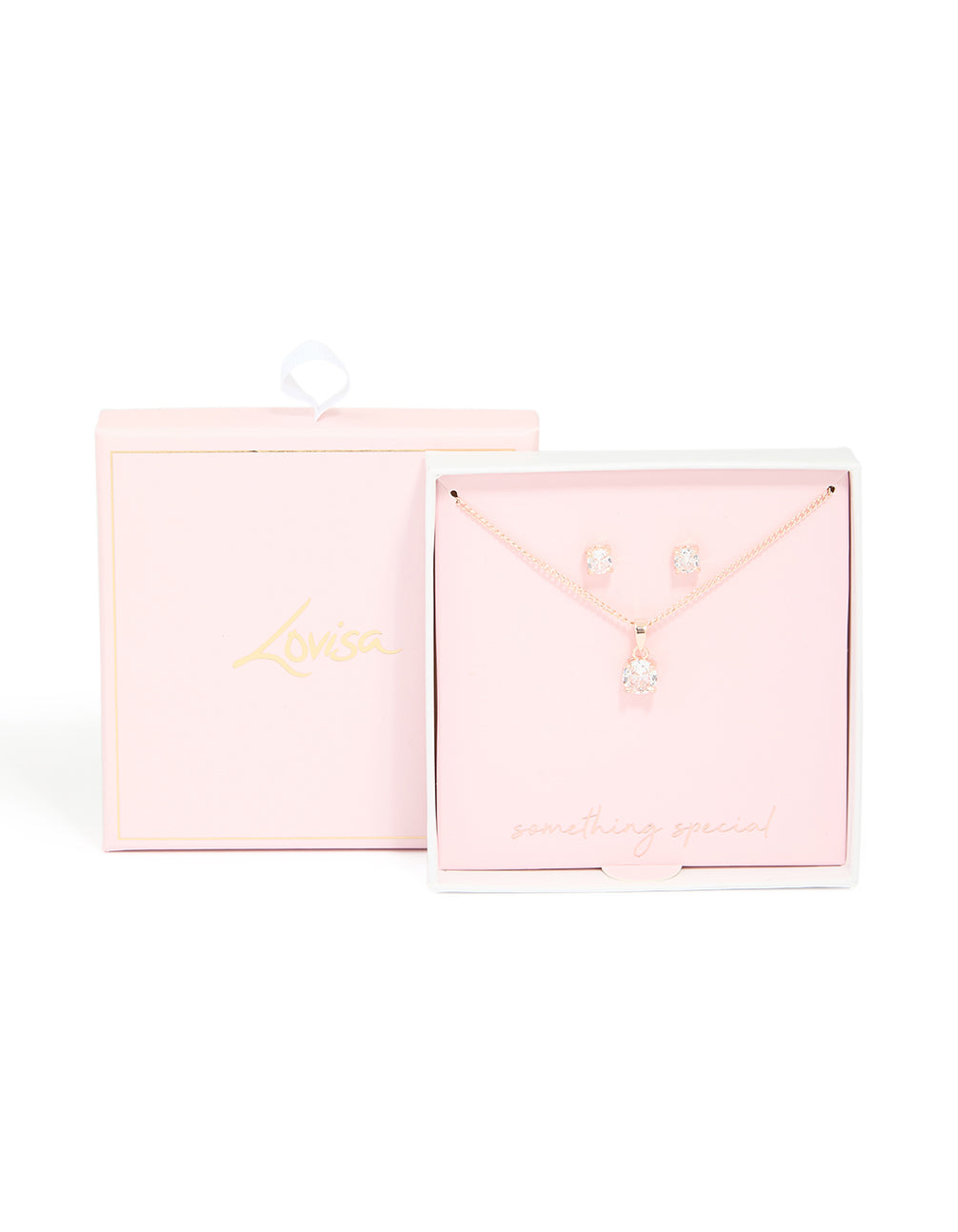 Rose Gold Diamante Solitaire Necklace & Earrings Set