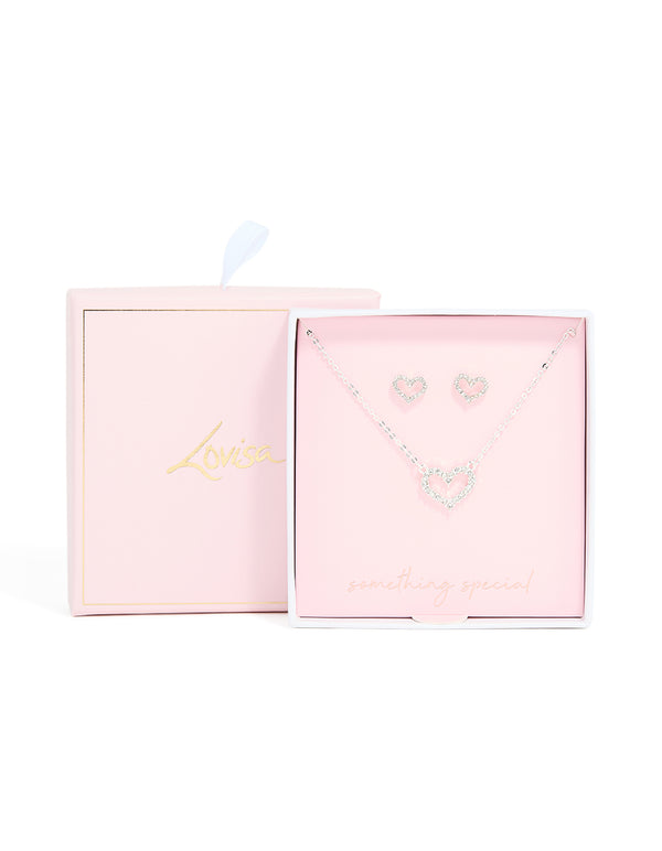 Silver Diamante Open Heart Necklace & Earrings Set
