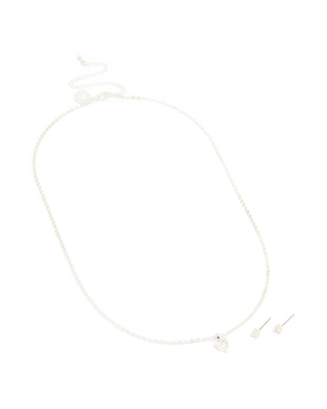 Silver Plated Cubic Zirconia Heart Necklace & Classic Stud Earrings Set