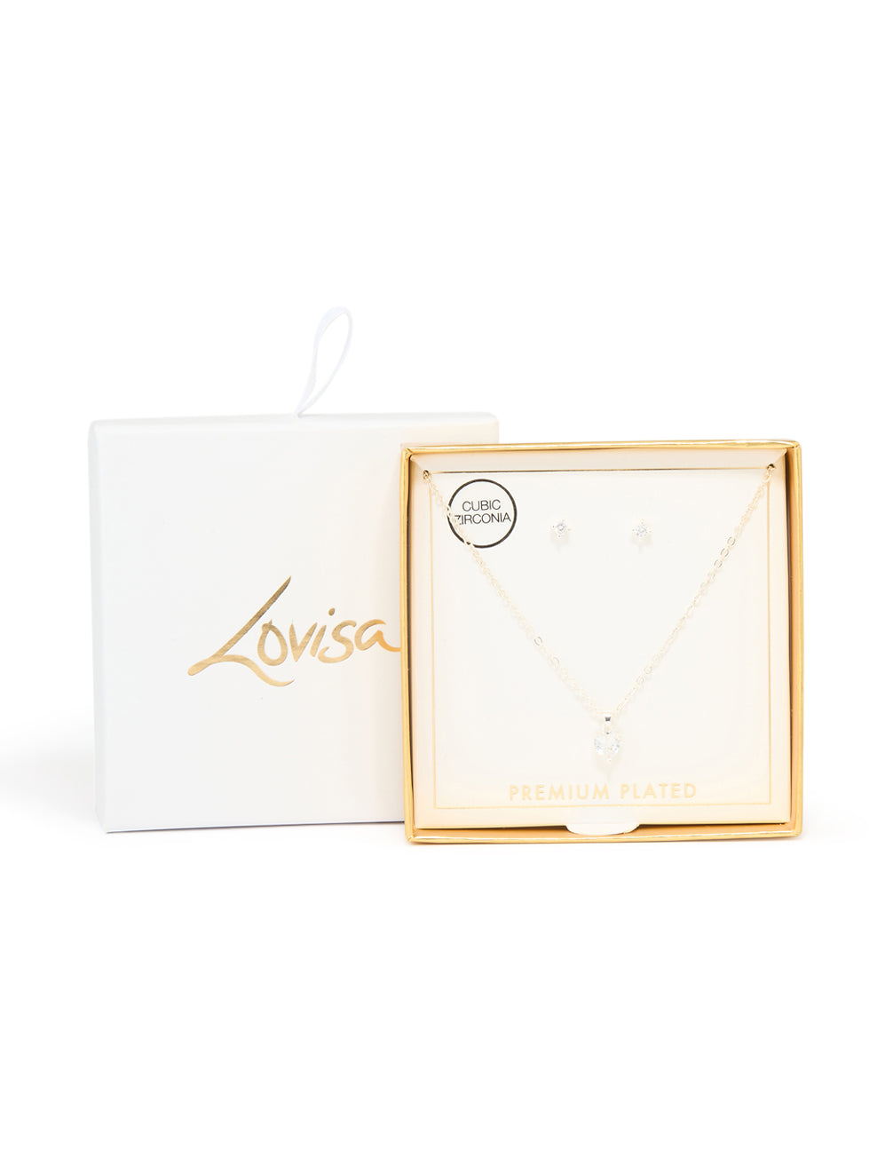 Silver Plated Cubic Zirconia Heart Necklace & Classic Stud Earrings Set