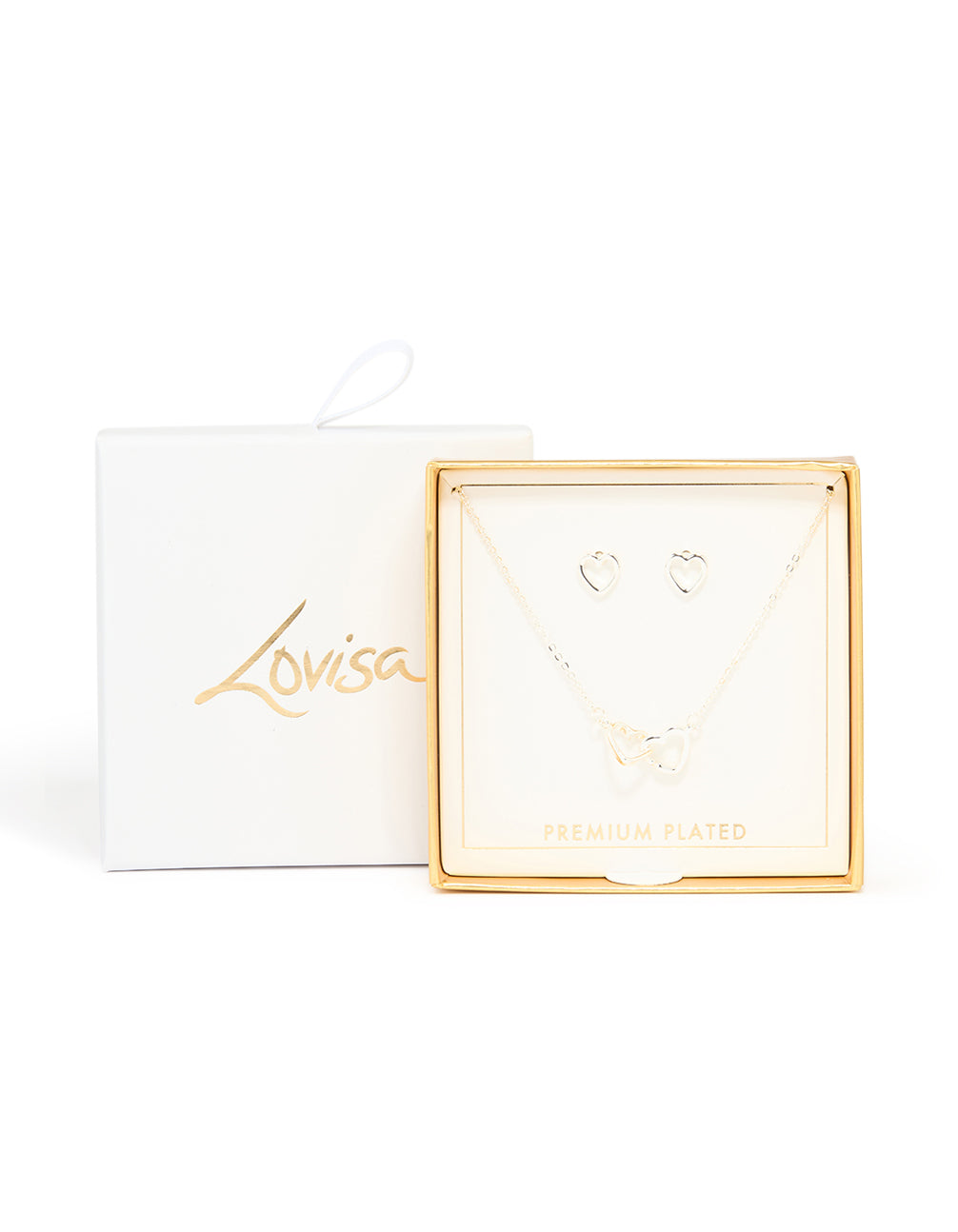 Silver Plated Double Heart Pendant Necklace & Heart Earrings Set