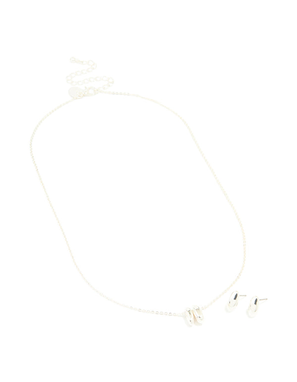 Silver Plated Oval Pendant Necklace & Earrings Set