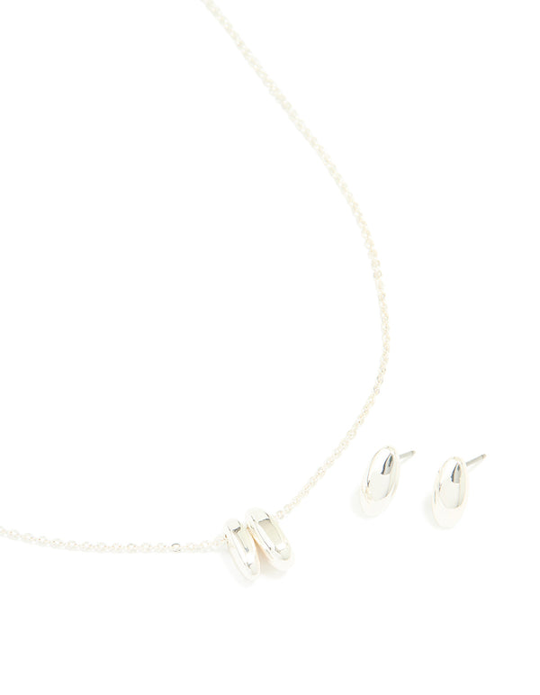 Silver Plated Oval Pendant Necklace & Earrings Set