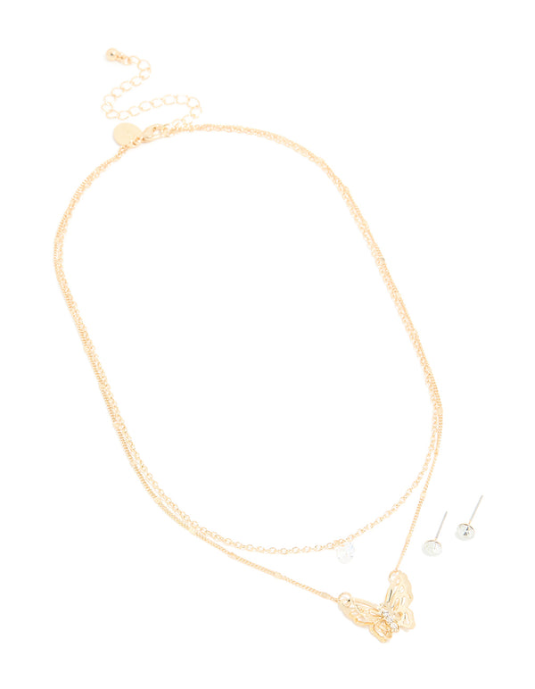 Gold Butterfly Layered Necklace & Stud Earrings Set