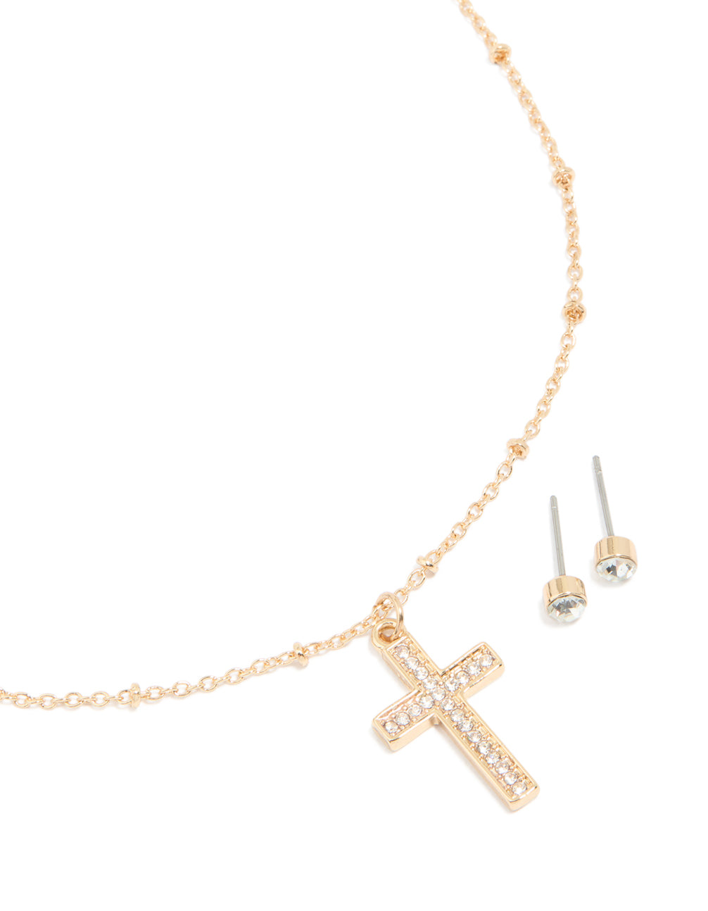 Gold Diamante Cross Pendant Necklace & Stud Earrings Set