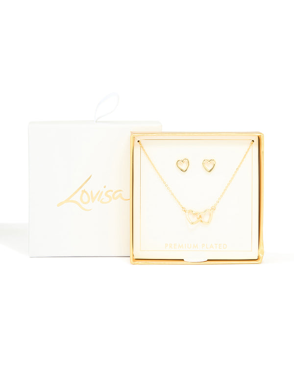 Gold Plated Linked Heart Necklace & Earrings Set