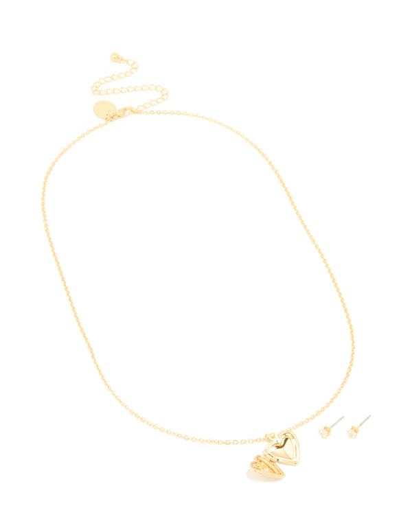 Gold Plated Cubic Zirconia Heart Locket Necklace & Earrings Set