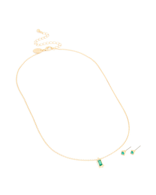 Gold Plated Green Diamante Baguette Necklace & Earrings Set