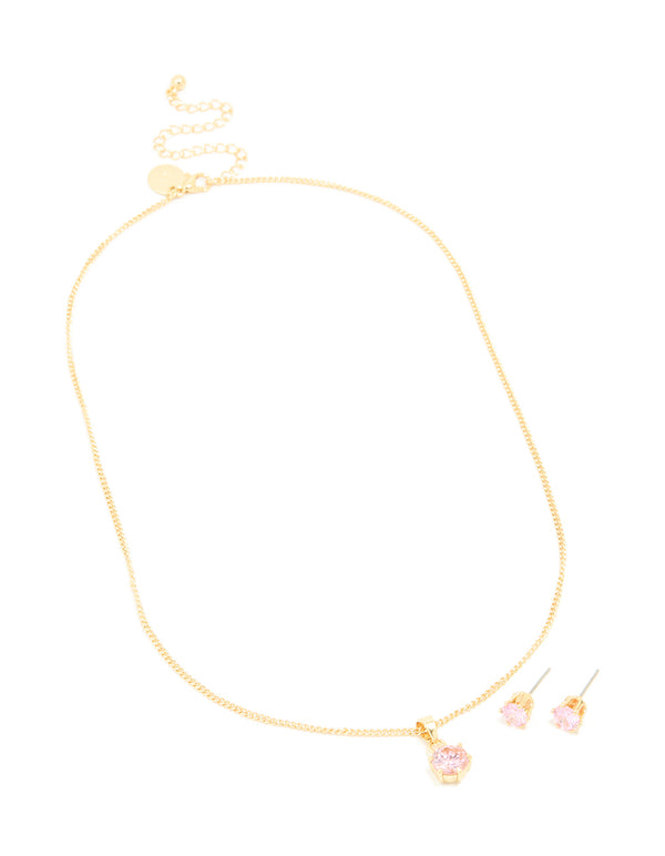 Gold Plated Pink Cubic Zirconia Pendant Necklace & Stud Earrings Set