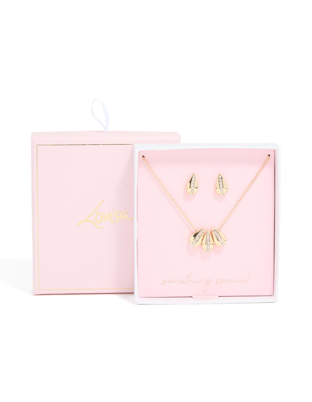 Gold Diamante Centre Petal Necklace & Stud Earrings Set