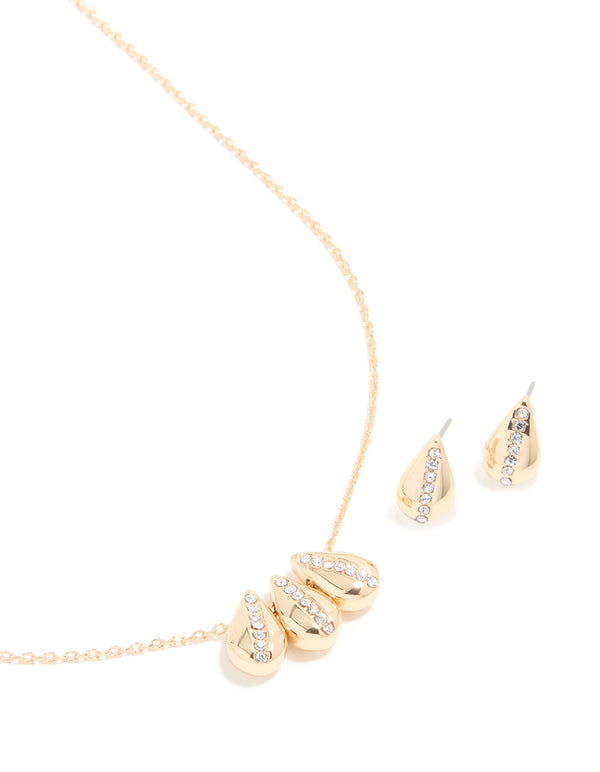 Gold Diamante Centre Petal Necklace & Stud Earrings Set
