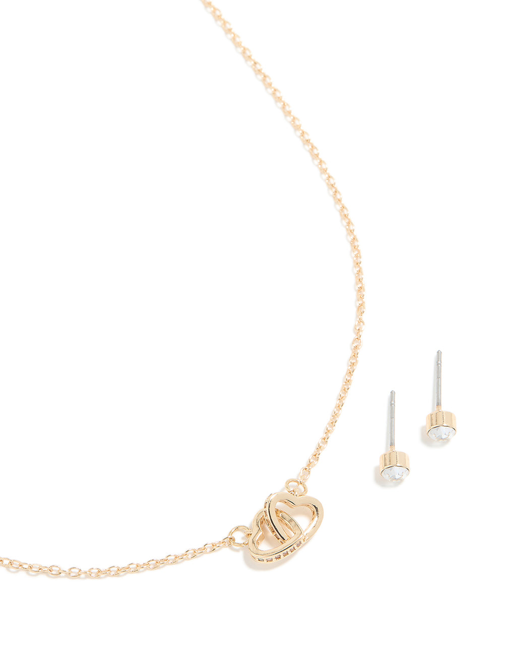 Gold Diamante Linked Heart Necklace & Earrings Set
