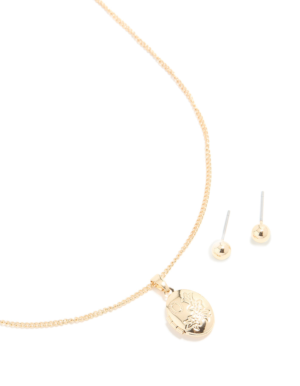 Gold Locket Necklace & Stud Earrings Set