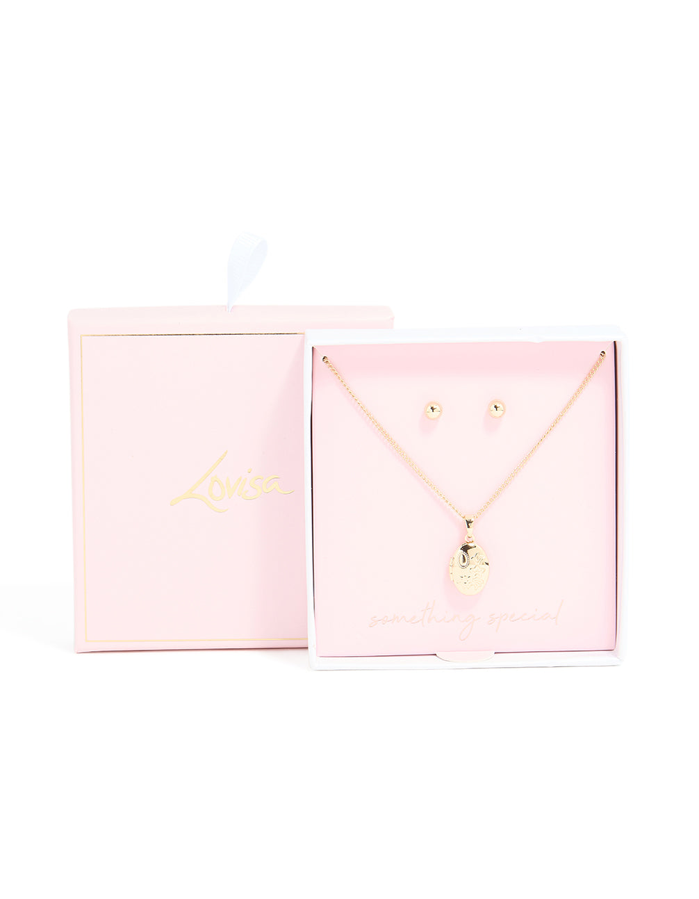 Gold Locket Necklace & Stud Earrings Set