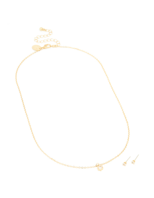 Gold Plated Cubic Zirconia Mini Pendant Necklace & Stud Earrings Set