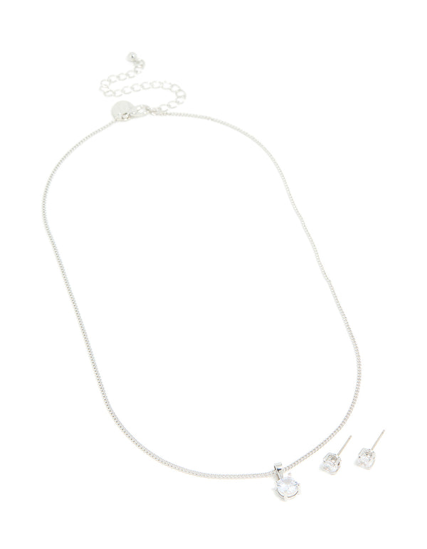 Silver Cubic Zirconia Solitaire Necklace & Earrings Set
