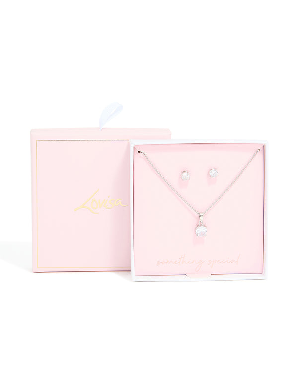 Silver Cubic Zirconia Solitaire Necklace & Earrings Set