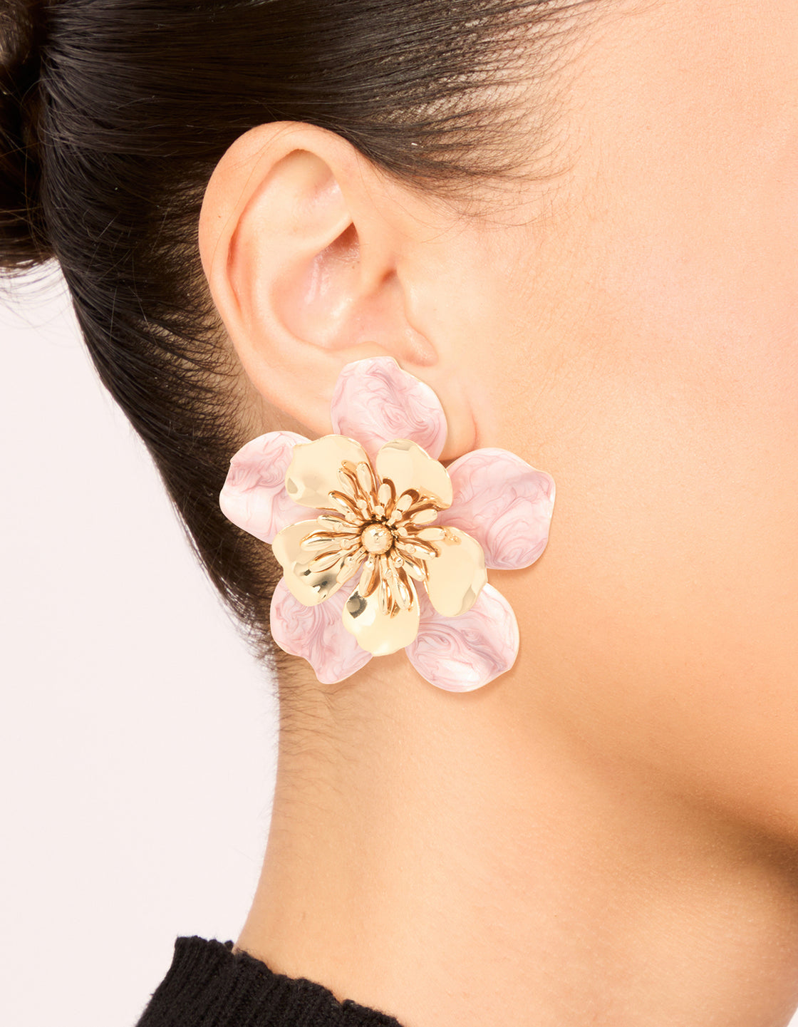 Gold Pink Enamel Layered Flower Stud Earrings