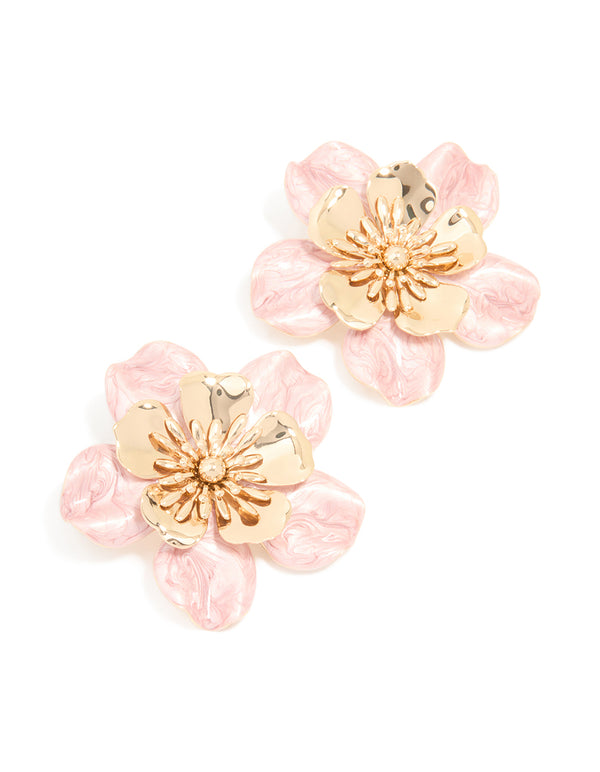 Gold Pink Enamel Layered Flower Stud Earrings