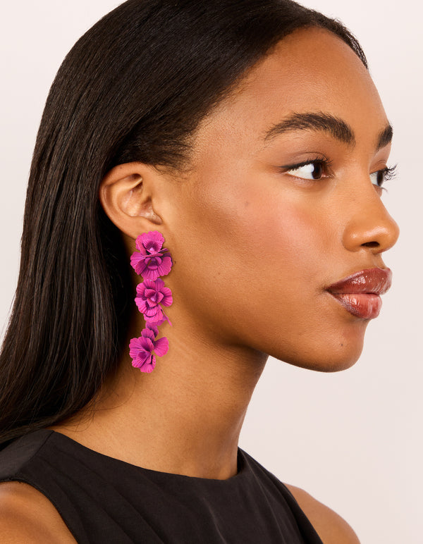 Fuschia Pink Coated Metal Triple Flower Drop Earrings