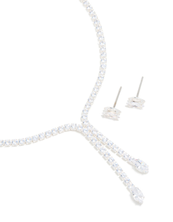 Silver Plated Cubic Zirconia Y-Necklace & Classic Earrings Set