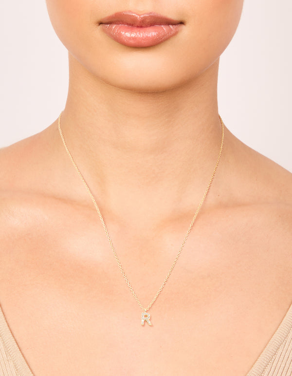 Gold Plated Brass Cubic Zirconia Letter R Necklace