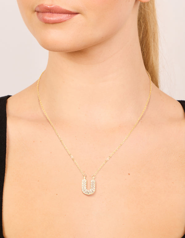 Kids Gold Cubic Zirconia Letter U Necklace