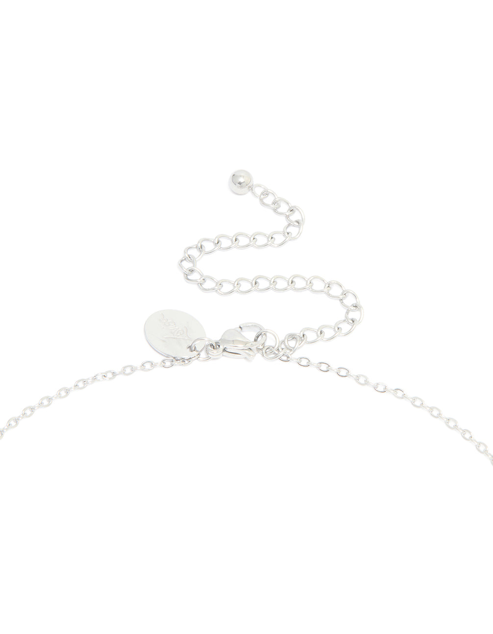 This waterproof stainless steel large bubble letter B initial pendant necklace in silver clasp detail view