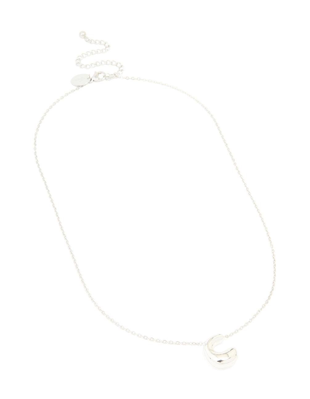 Crafted from waterproof stainless steel, this large bubble letter C necklace with initial pendant in silver features dainty style front view