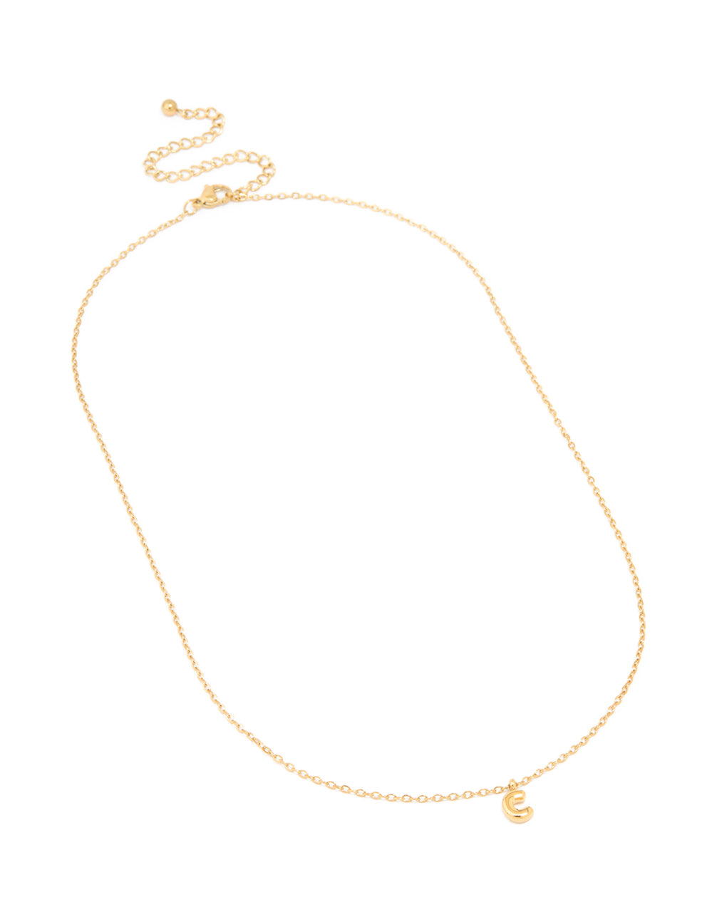 Featuring waterproof gold plated stainless steel, this mini bubble letter initial pendant C necklace front up view