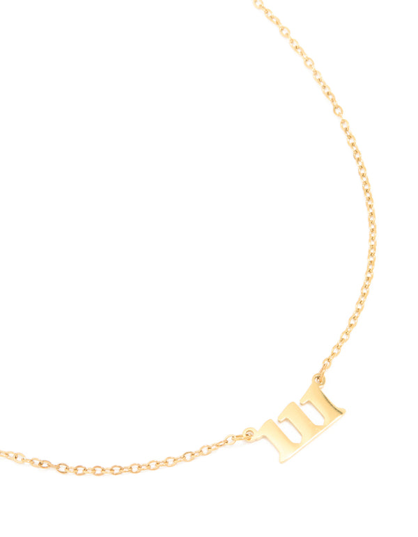 Showcasing a waterproof dainty style gold plated stainless steel angel number 111 necklace featuring numbers close up view