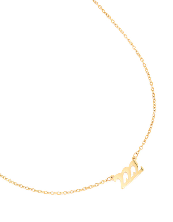 Showcasing a waterproof gold plated stainless steel angel number 222 necklace close up view