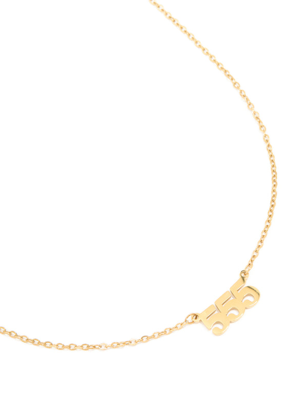 Featuring angel number 555 necklace in waterproof gold plated stainless steel with numbers detail close up view
