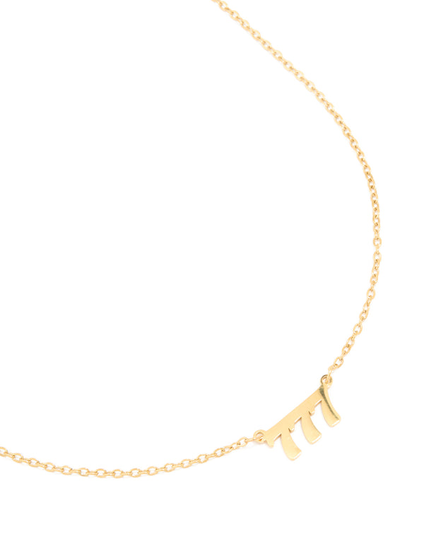 Showcasing a waterproof gold plated stainless steel angel number 777 necklace featuring numbers in dainty style close up view