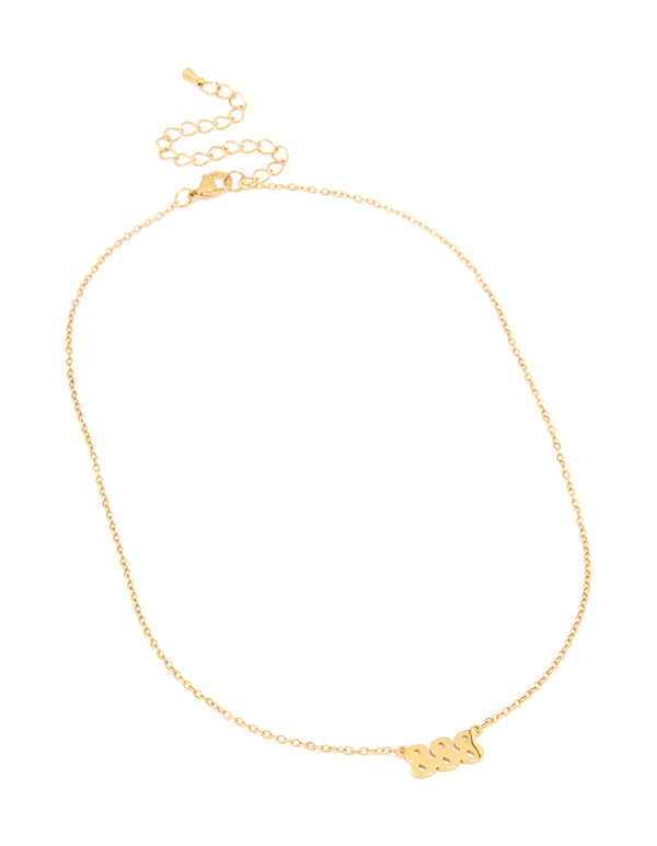 Presenting a waterproof angel number 888 necklace in gold plated stainless steel with complete chain and numbers feature front view