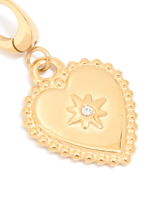 Featuring waterproof gold plated stainless steel with celestial star diamante heart charm in a dainty style close up view