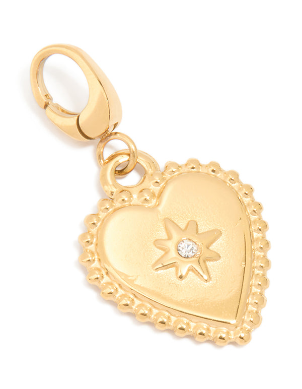 Crafted from waterproof gold plated stainless steel with celestial star diamante heart charm in a dainty style front view