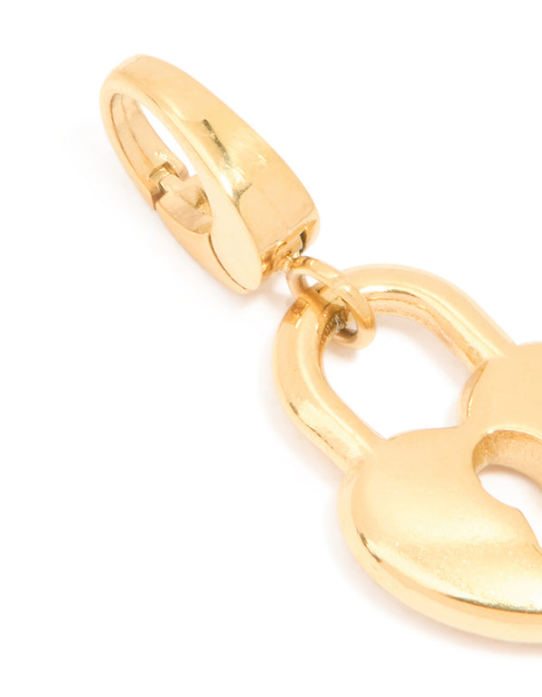Highlighting a heart padlock charm made from waterproof gold plated stainless steel in dainty style clasp detail view