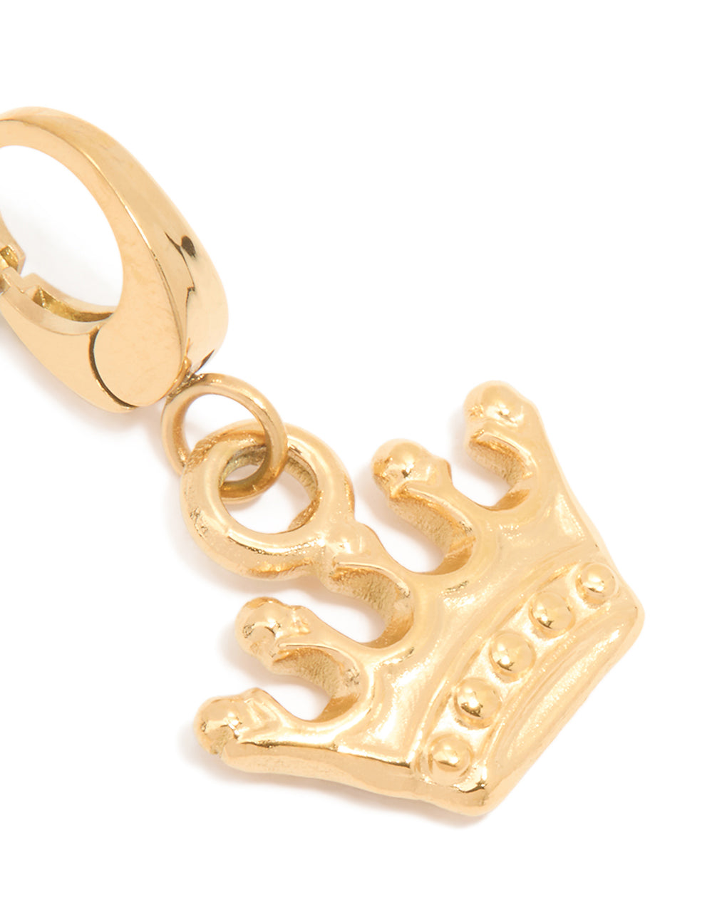 Showcasing a waterproof gold plated stainless steel crown charm with dainty design close up view