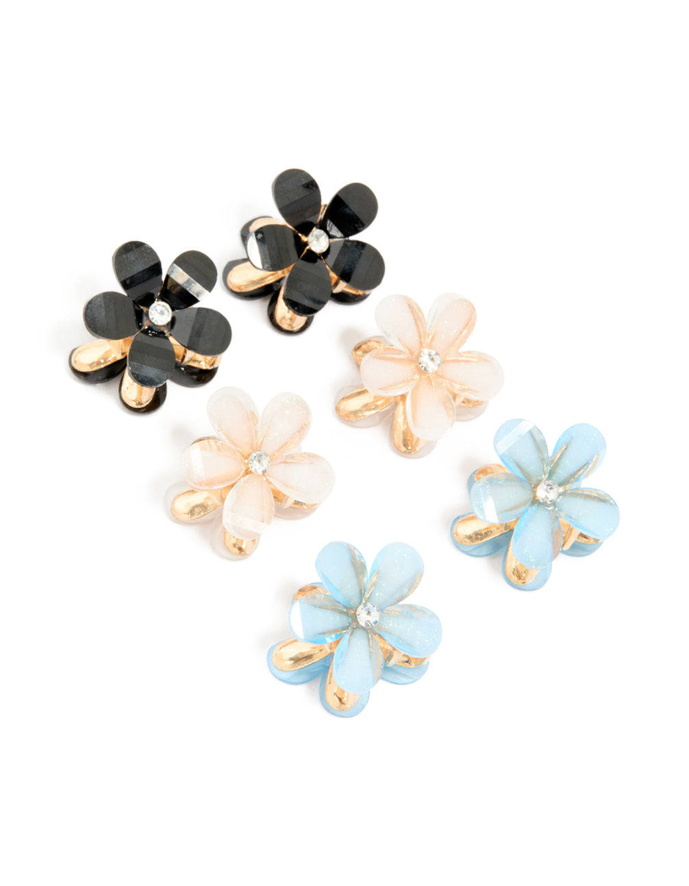 Gold Diamante Centre Multicoloured Mini Flower Claw Clips 6-Pack